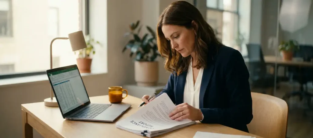 A woman in business attire is reviewing a compliance document at a modern desk with a laptop and natural light streaming in through the window.