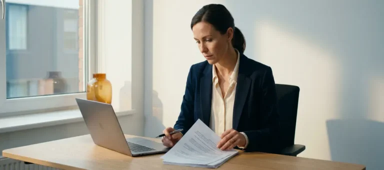 A woman in business attire is reviewing a compliance document at a modern desk with a laptop, bathed in warm natural light.