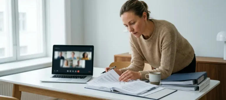 A contact center agent reviews compliance documentation at a modern desk, with a laptop and policy folders in the background.
