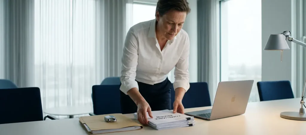 Professional in wit overhemd bestudeert compliance-documenten naast laptop; fysiek slot op dichte map in modern Nederlands kantoor.