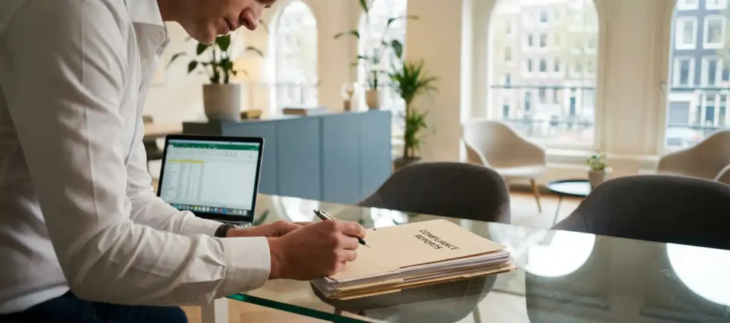 A professional in a white shirt reviews compliance documents at a glass desk in a modern Amsterdam office bathed in natural light.