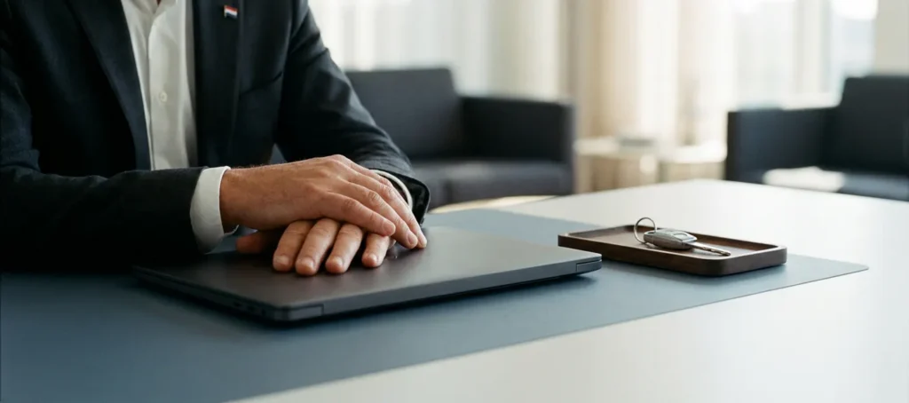 Zakelijke handen rusten beschermend op laptop naast serversleutel, met Nederlandse vlagspeld op revers, professionele kantooromgeving.