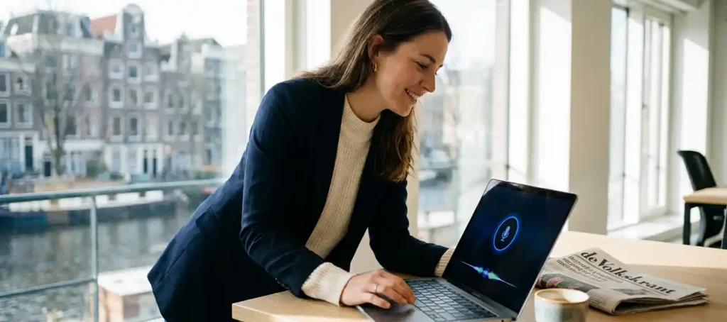 Nederlandstalige professional in gesprek met een spraakassistent op laptop in modern Amsterdams kantoor met krant en koffie.