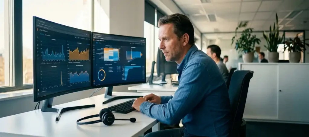 Netwerkingenieur analyseert real-time VoIP-gegevens op twee monitors met beveiligingsdashboards in modern Nederlands kantoor.