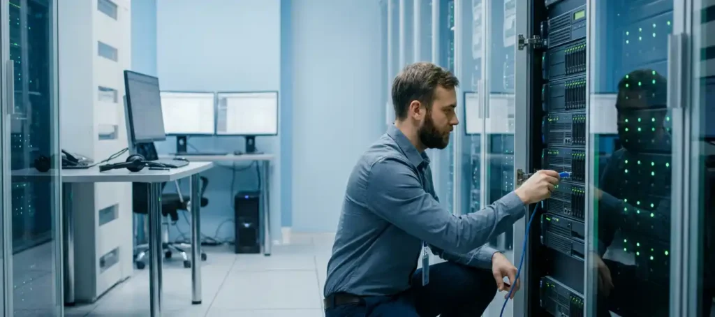 IT-professional sluit netwerkkabel aan op serverrack; contactcenter-werkstation met headset zichtbaar op de achtergrond.