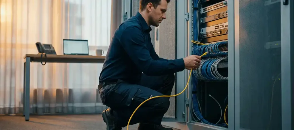 Netwerktechnicus bij open serverrack in Nederlands kantoor, lost ethernetkabel zichtbaar tussen netjes gebundelde kabels.