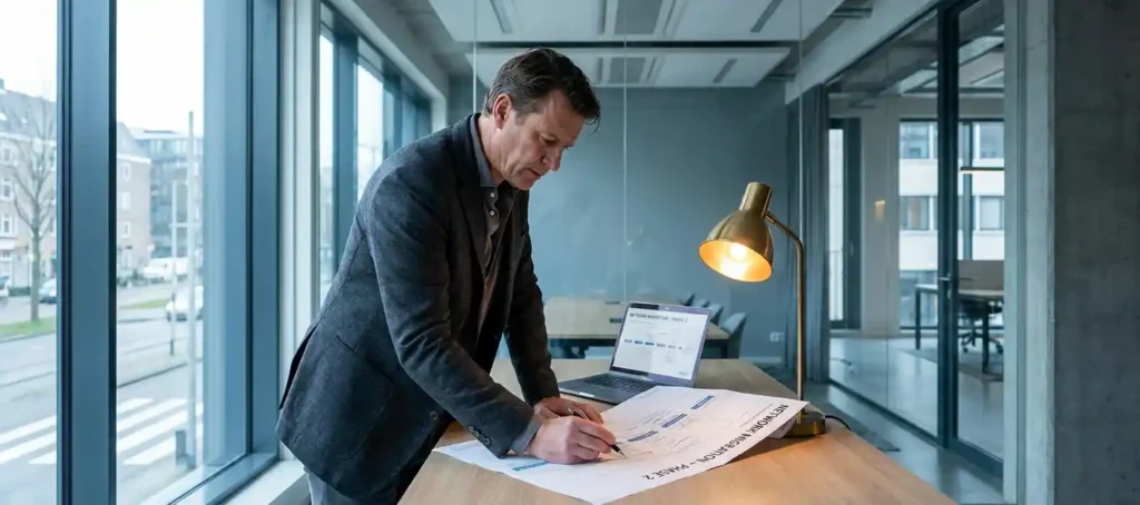 IT-manager bestudeert netwerkmigratiediagram op laptop en uitgeprinte documenten aan modern kantoorbureau.