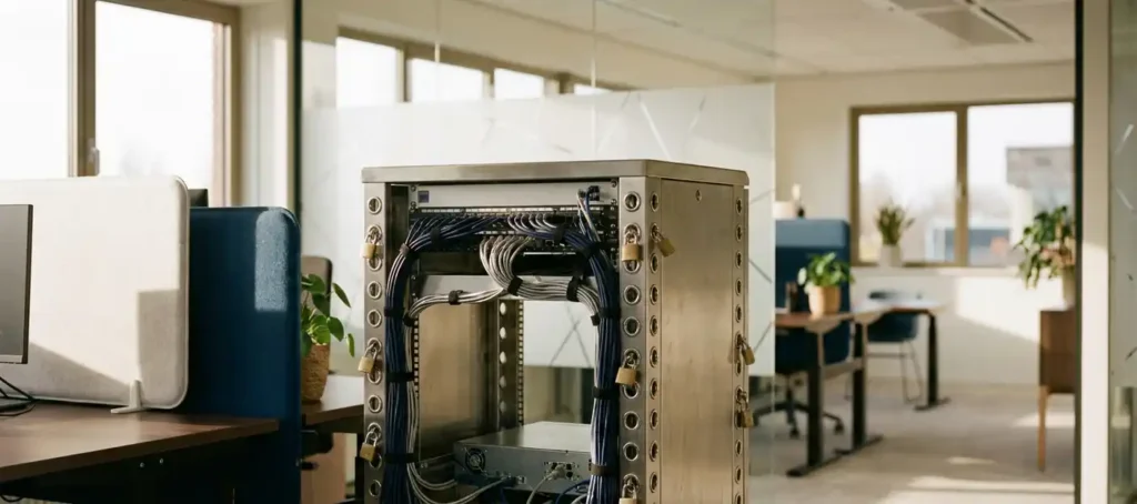Serverrack met fysieke hangsloten op kabelpoorten in modern Nederlands kantoor met matglazen scheidingswanden en natuurlijk licht.