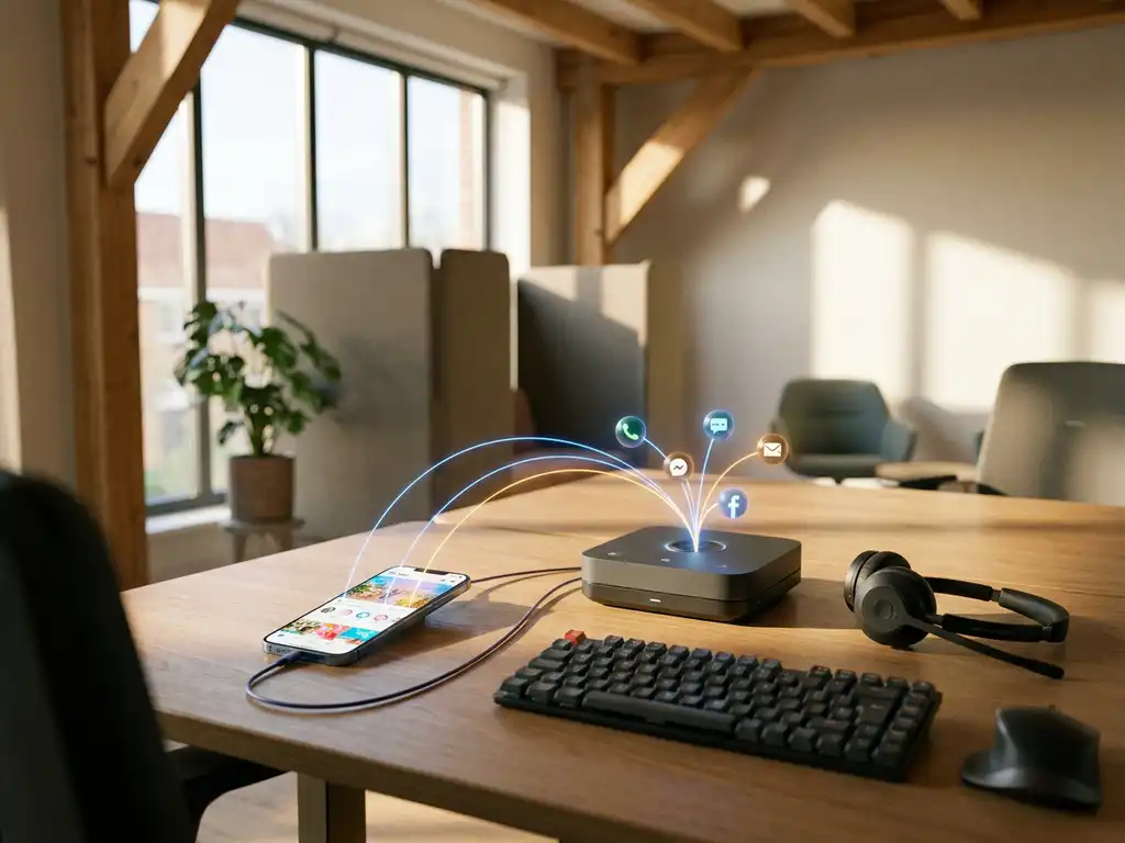 Smartphone verbonden met contactcenter-werkstation via kabels en draadloze signalen, communicatiekanalen als lichtgevende orbs samengevoegd in één hub.