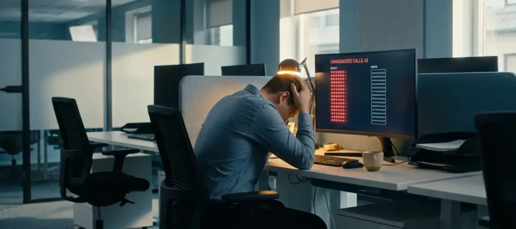 Overweldigde klantenservicemedewerker aan modern bureau met wachtrij onbeantwoorde oproepen op monitor, lege werkplekken op de achtergrond.