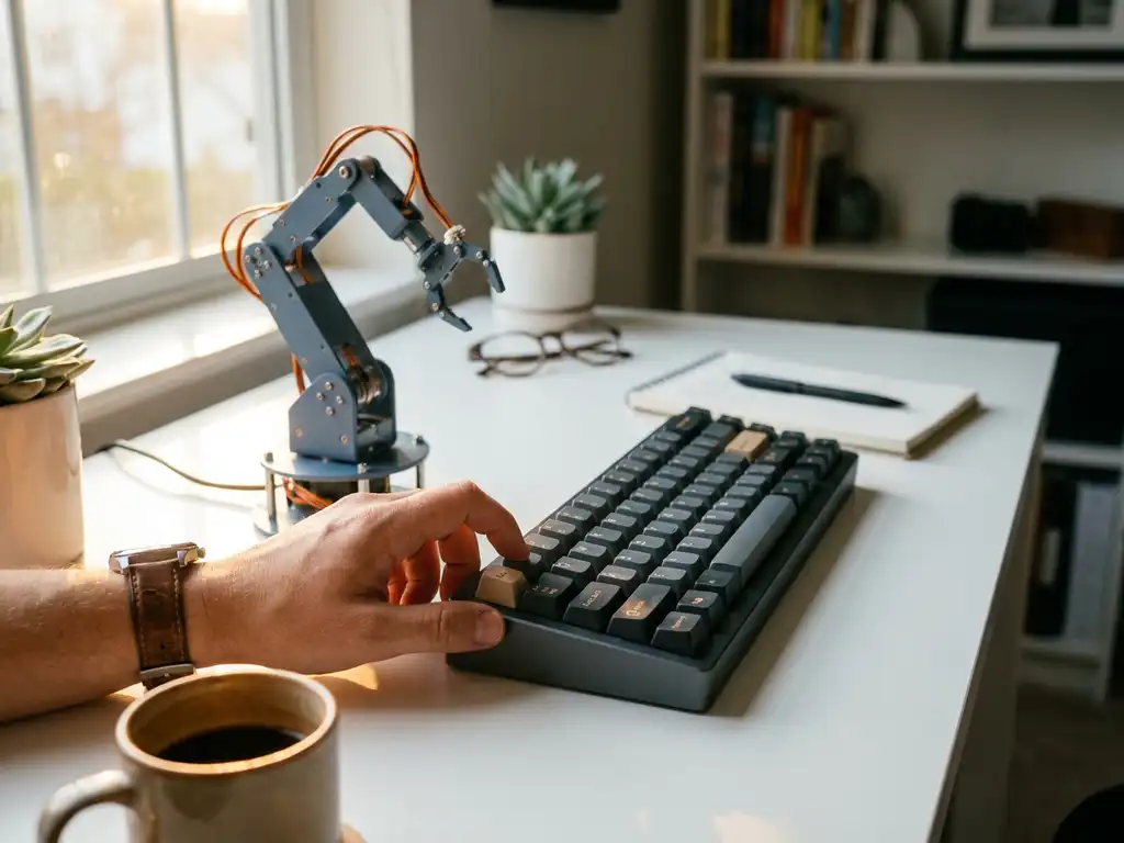 Ondernemer typt op mechanisch toetsenbord aan modern bureau met robotarmmodel en koffiekop in ochtendlicht.