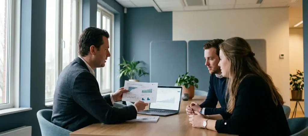 Professional presenteert prestatierapporten aan collega's in modern Nederlands kantoor met grote ramen en natuurlijk daglicht.