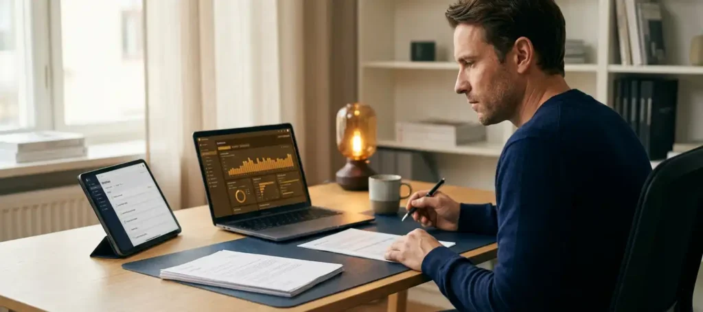 Professional aan modern bureau beheert documenten, werkwachtrij en dashboard tegelijk in georganiseerde werkruimte met marineblauw en amber tinten.