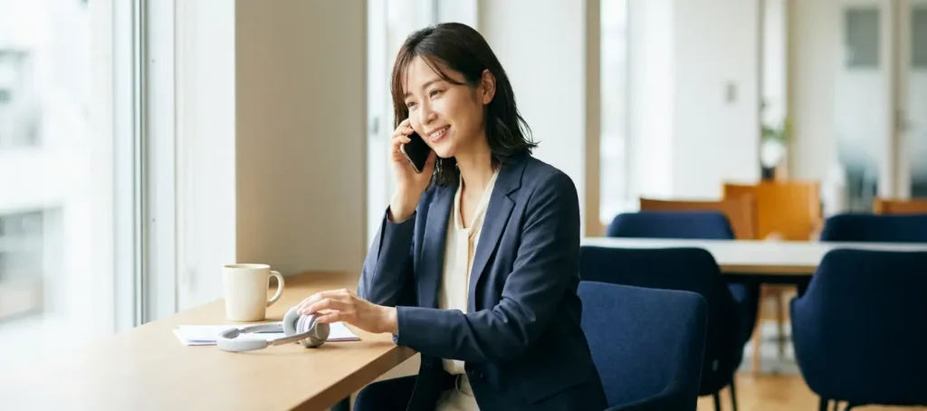 Professional at modern desk completes relaxed phone conversation, headset nearby, soft natural light and navy-white hues.