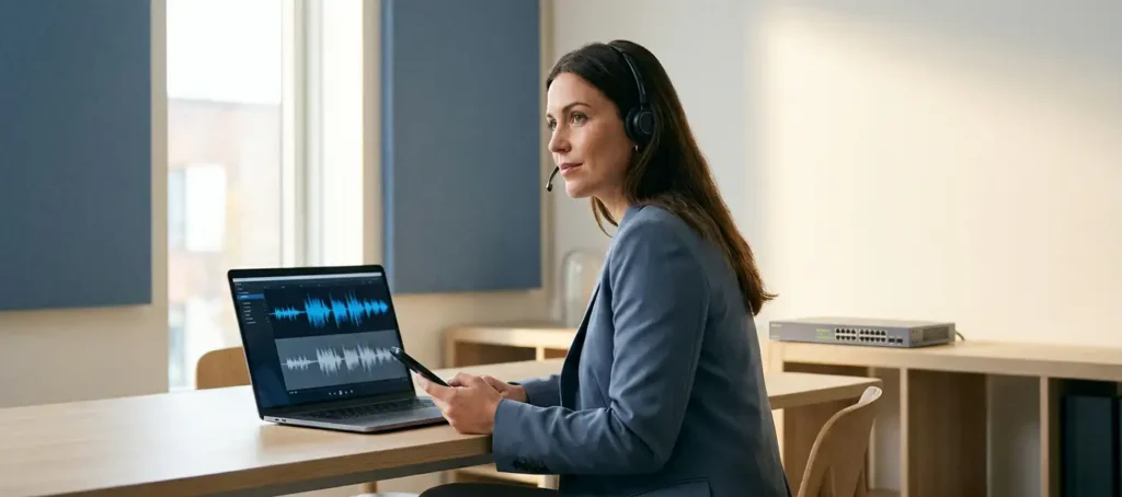Professional met headset bekijkt audiogolfvormen op laptop en houdt smartphone vast aan modern bureau met netwerkswitch op achtergrond.