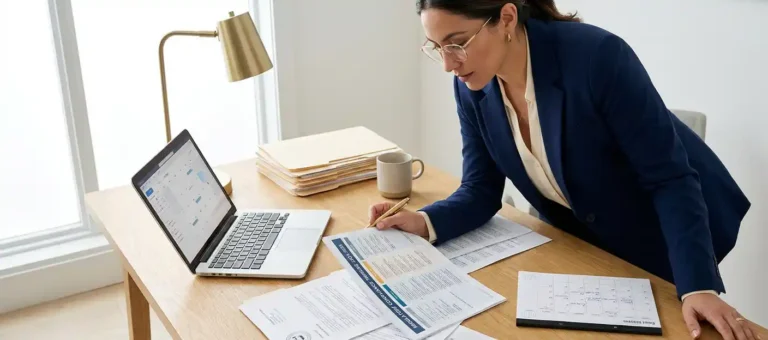 A businesswoman in an office studies a regulatory timeline document next to her laptop; official papers are on her desk, bathed in warm natural light.