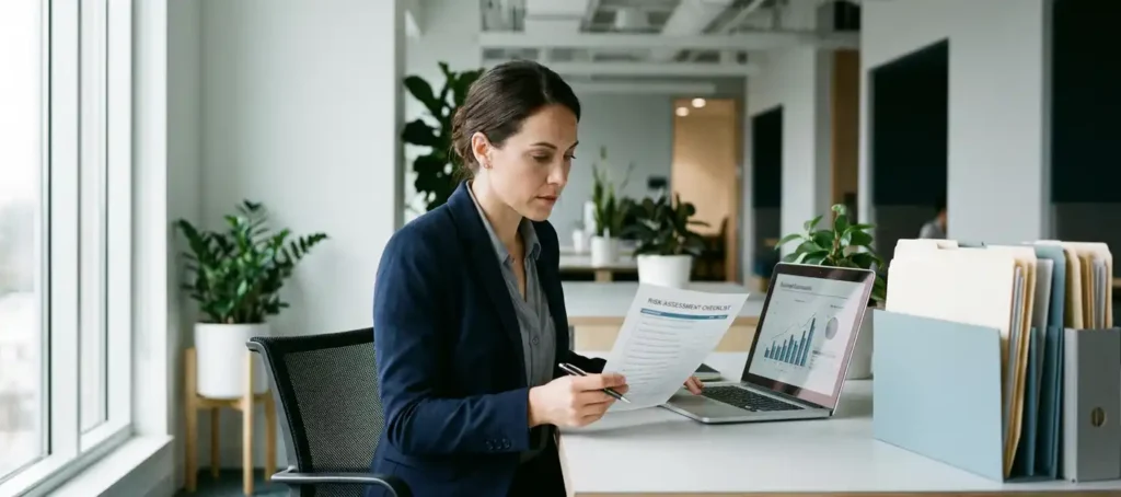 A compliance professional in a business suit studies a risk assessment checklist at a modern desk, with a laptop and file folders.