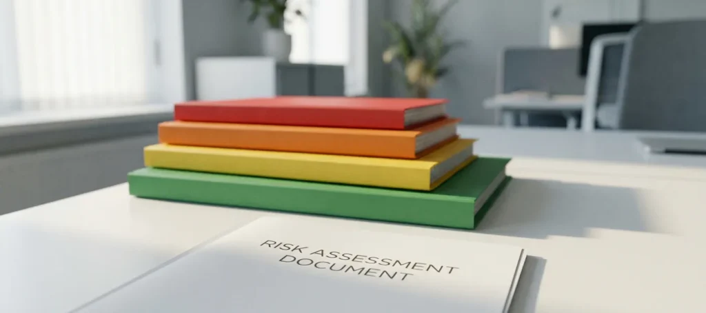 Risk assessment document on a white desk with four colored folders arranged in a pyramid shape, ranging from green to red, symbolizing escalating risk levels.