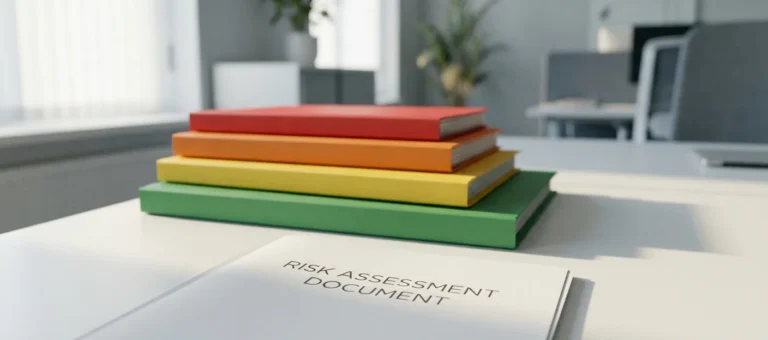 Risk assessment document on a white desk with four colored folders arranged in a pyramid shape, ranging from green to red, symbolizing escalating risk levels.
