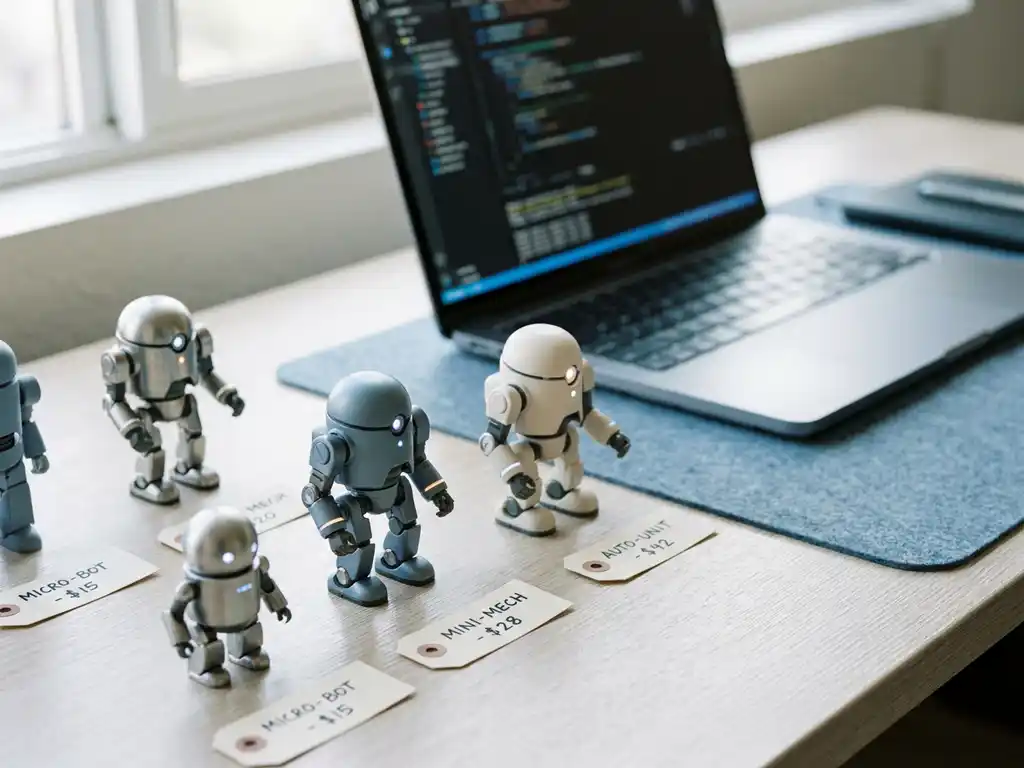 Mechanische robotfiguren met prijskaartjes op een modern bureau, laptop op de achtergrond, natuurlijk daglicht.