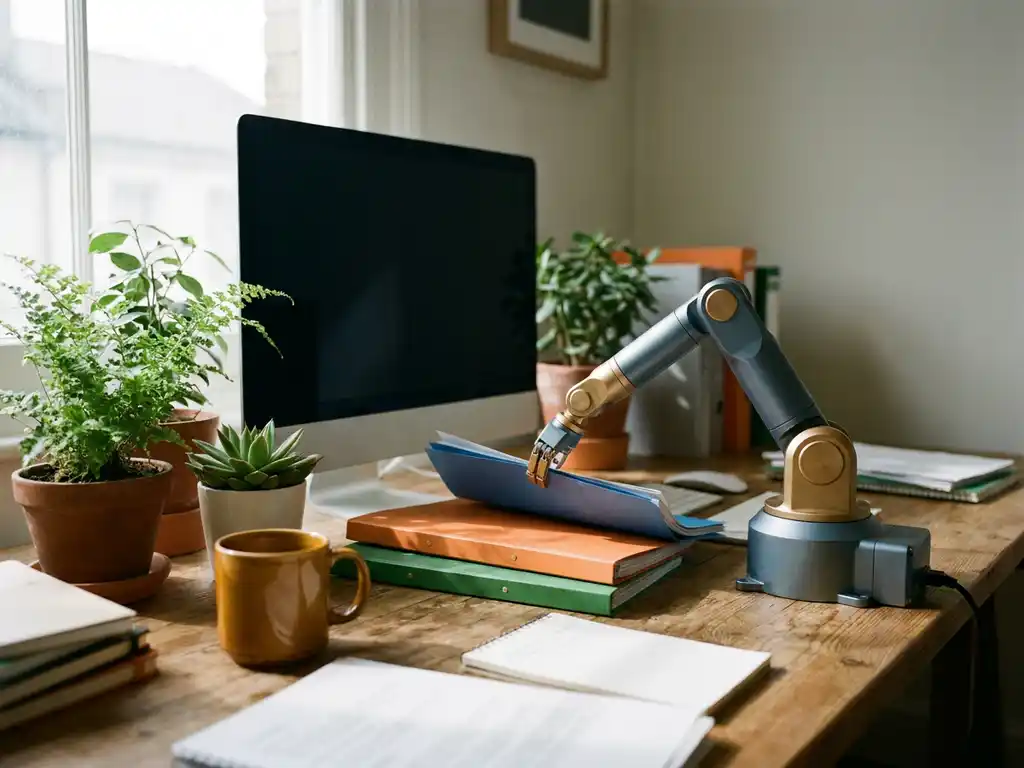 Klein robotarm sorteert kleurgecodeerde mappen op een opgeruimd bureau met planten en monitor in warm-blauw kantoorlicht.