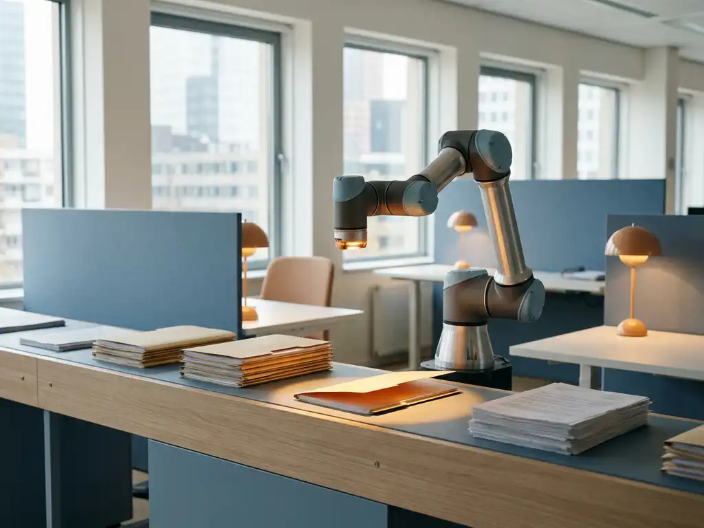 Robotarm met precisiesensor sorteert manila mappen op een lopende band in een modern Nederlands kantoor.