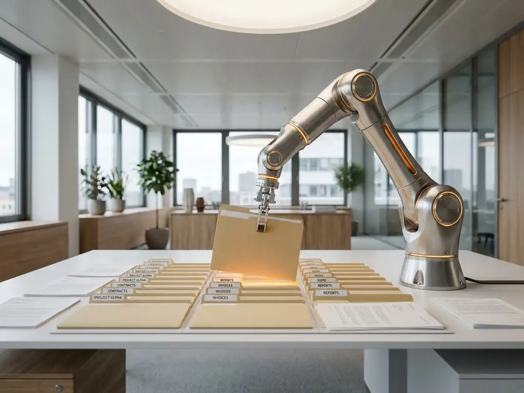 Robotarm met mechanische grijper pakt een gemarkeerde map uit een georganiseerd raster van procesdocumenten op een wit bureau.