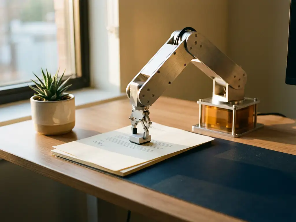 Compacte robotarm sorteert en stempelt zakelijke documenten op modern bureau, gouden uurtje licht, klein potplantje op de achtergrond.