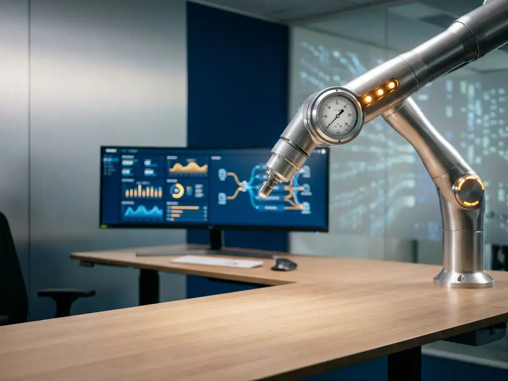 Robotarm met precisiemeter boven modern kantoorbureau, prestatiedashboard op monitor op de achtergrond, zilver en blauw met amber accenten.