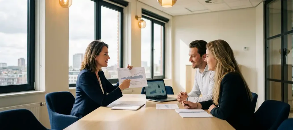 A professional presents financial charts and ROI projections to colleagues in a modern Dutch office with large windows.