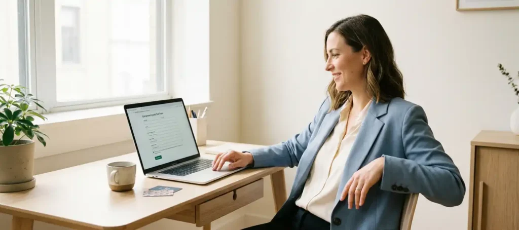 A satisfied professional effortlessly completes a self-service request on a laptop at a modern wooden desk in a bright office setting.