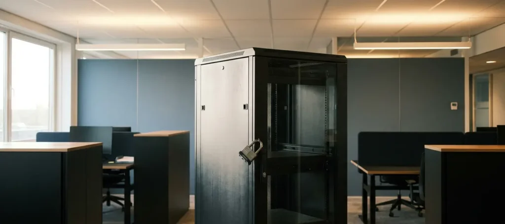 Serverrack met hangslot in een modern Nederlands kantoor, zachte verlichting en stalen oppervlakken op de voorgrond.