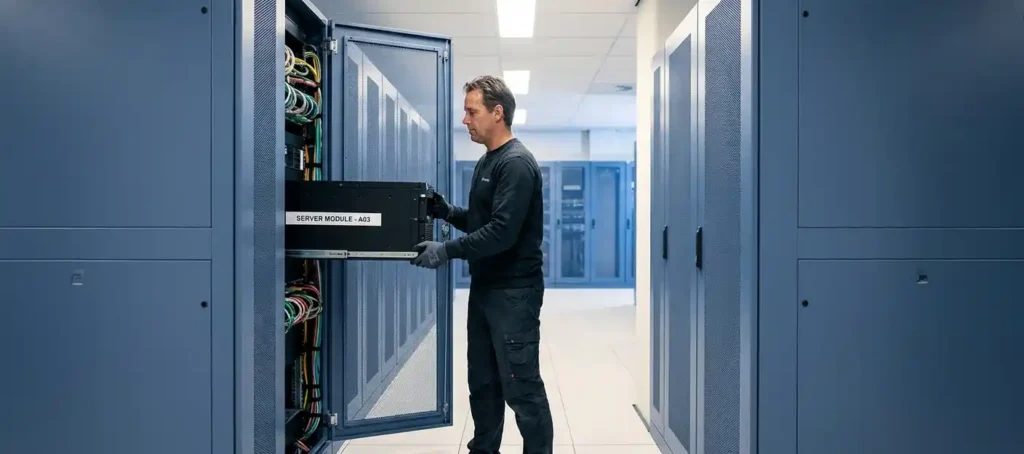 Technicus verplaatst serverrackmodule tussen twee serverkabinetten in een modern Nederlands datacenter met georganiseerd kabelmanagement.
