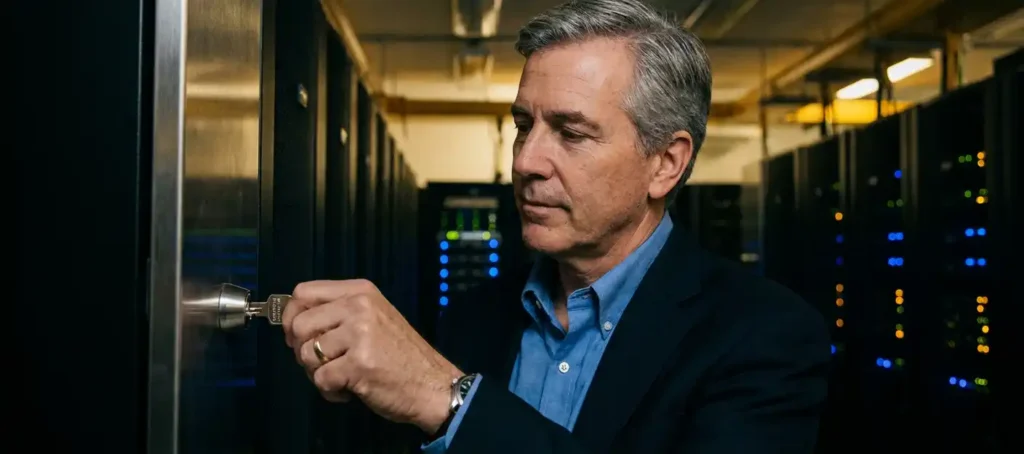 IT-professional steekt sleutel in serverrackslot in een professioneel datacenter met verlichte servertorens op de achtergrond.