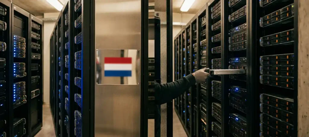Technicus plaatst een back-upschijf in een serverrack met Nederlandse vlag gereflecteerd op metalen oppervlak.