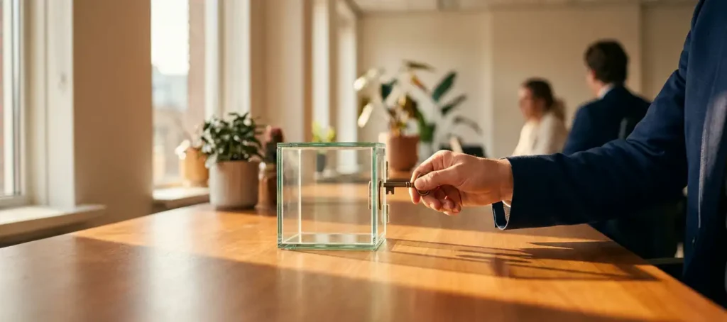 Professional in blazer plaatst sleutel in glazen kluis op modern bureau, symboliseert veilig databeheer.