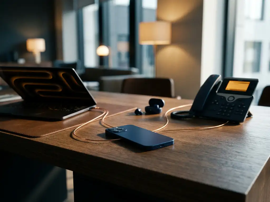 Smartphone op modern Nederlands kantoorbureau verbonden met laptop, desktelefoon en draadloze oordopjes in navy en amber tinten.