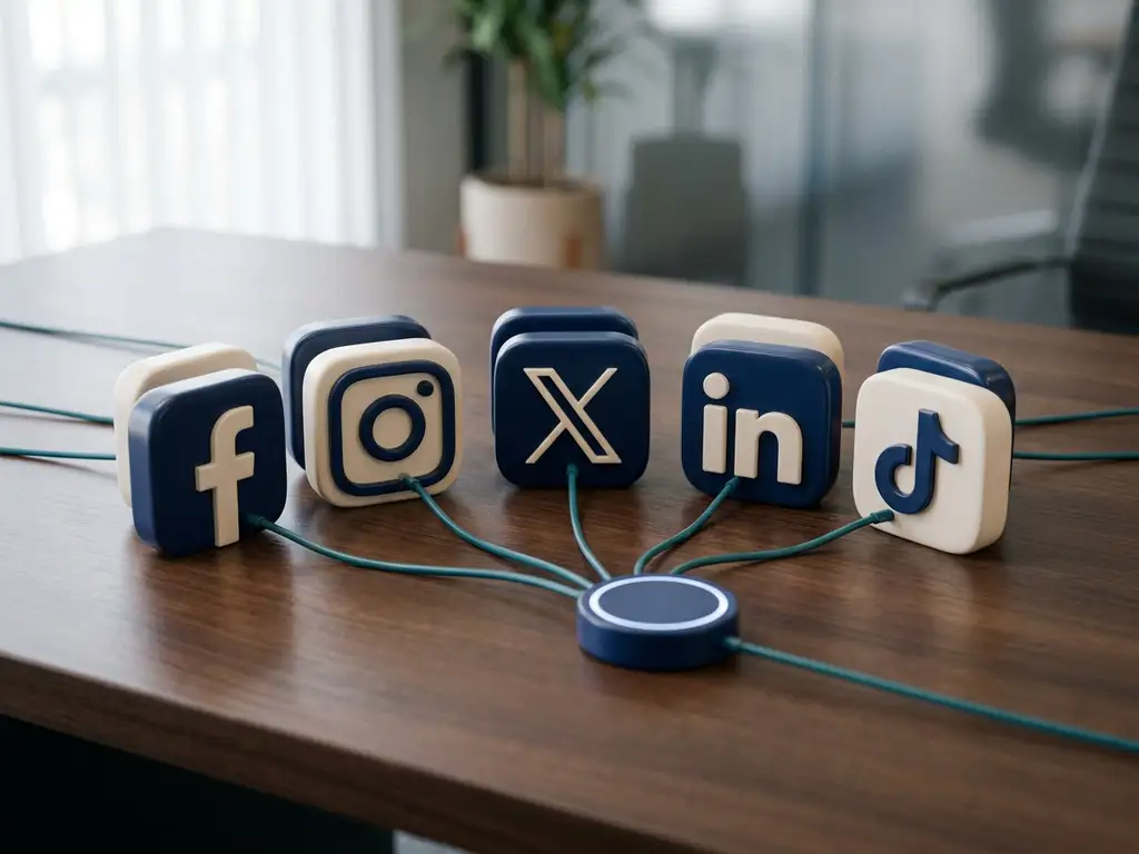 Fysieke social media-iconen als matte tegels in een boog op modern bureau, verbonden via kabels met centrale hub voor omnichannel beheer.