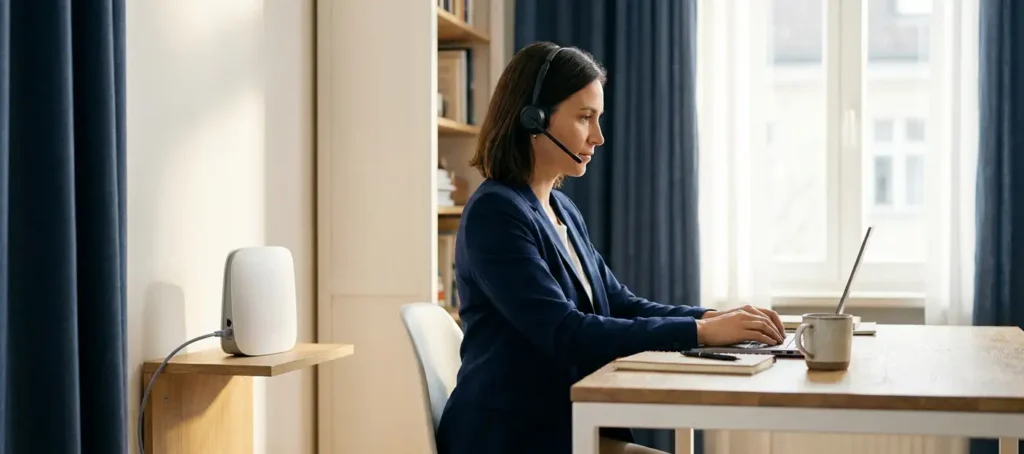 Professional met headset aan modern bureau, ethernetkabel aangesloten op router, natuurlijk raamlicht, rustige werksfeer.