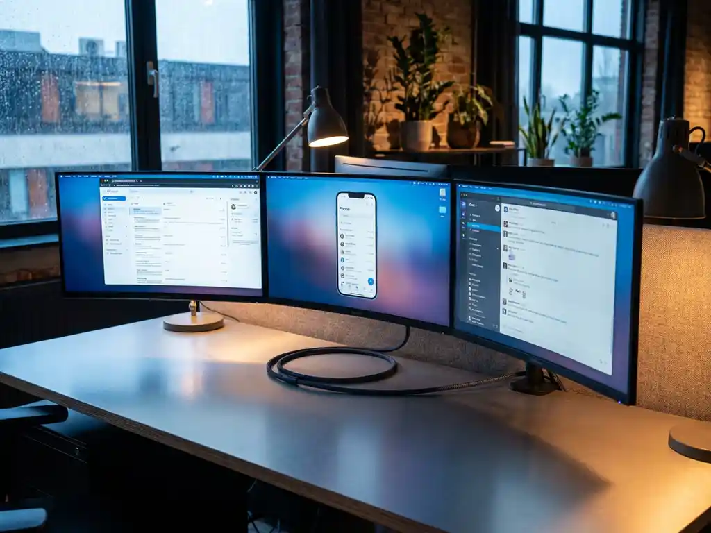 Moderne command center-bureau met drie verlichte monitoren voor e-mail, telefoon en chat, verbonden door één kabel in stijlvol Nederlands kantoor.