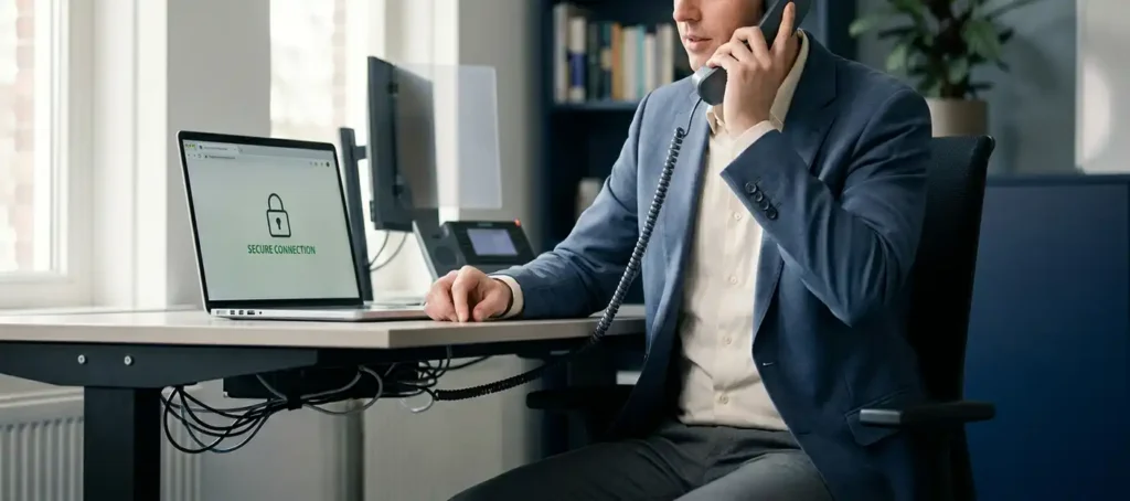 Professional aan modern bureau met VoIP-telefoon in de hand, laptop met beveiligde verbinding opengeslagen, warm kantoorlicht.