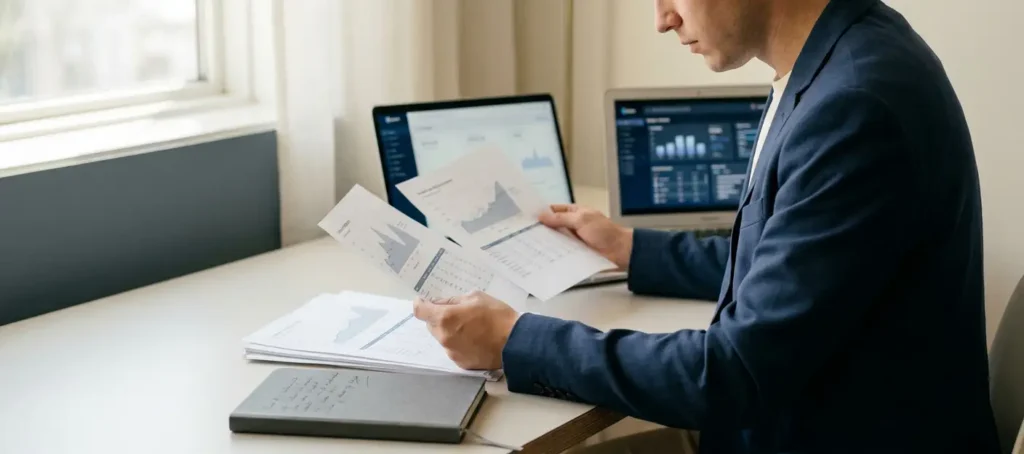 Professional vergelijkt uitgeprinte overzichten aan modern bureau met dashboards op laptopschermen op de achtergrond.