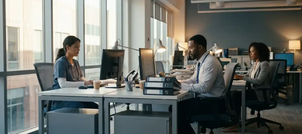 Verpleegkundige, gemeenteambtenaar en kantoormedewerker werken samen aan bureaus in een modern open kantoor met warm natuurlijk licht.