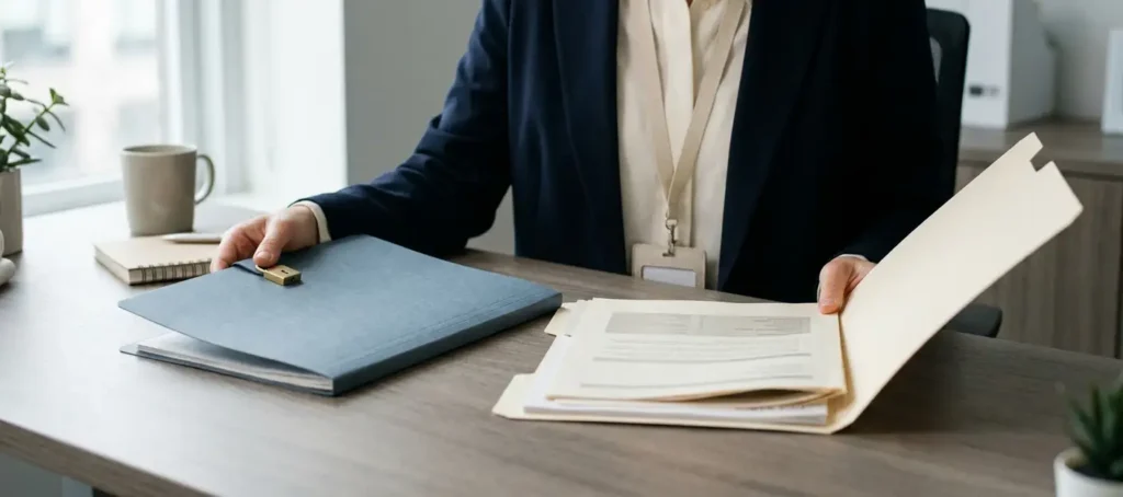 Professional met lanyard houdt een vergrendelde en een open map met documenten op een modern kantoorbureau.