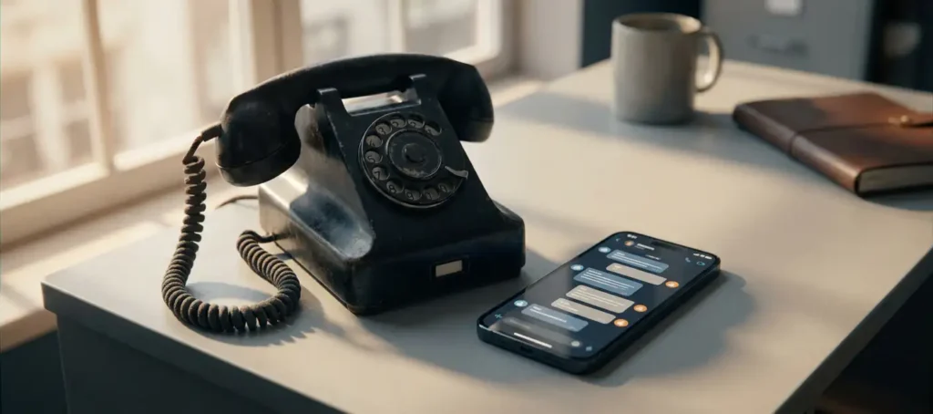 Vintage bureautelefoon met spiraalnoer naast moderne smartphone met chatkanalen op lichtgrijs bureau, zachte natuurlijke belichting.