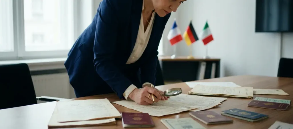 Zakenvrouw bestudeert officiële overheidsdocumenten van Europese landen op conferentietafel, nationale vlaggen op achtergrond.