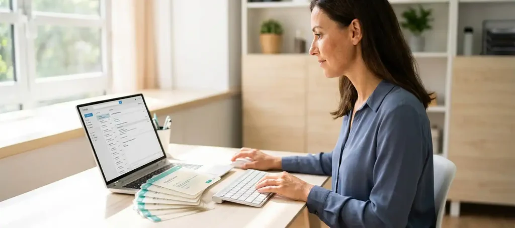 Professionele vrouw beheert drukke e-mailinbox op laptop aan modern bureau, zachte kantoorverlichting, georganiseerde werkplek.