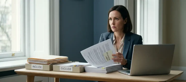 A woman in business attire is studying a regulatory document at a modern desk with a laptop and neatly arranged stacks of documents.
