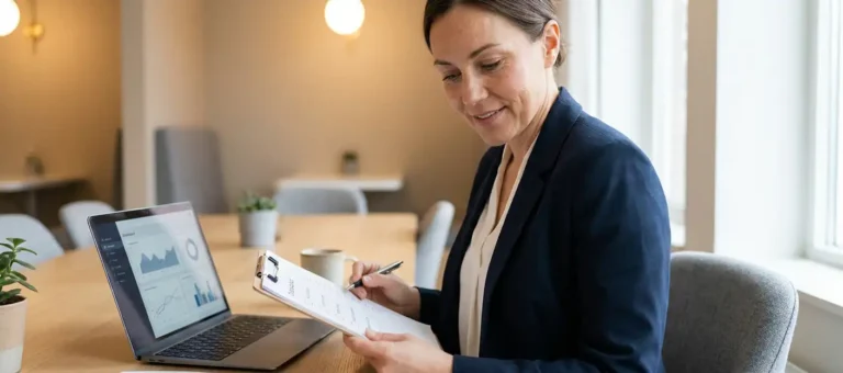 A businesswoman in a suit reviews a document checklist on a clipboard at a modern desk with her laptop open, under warm office lighting.