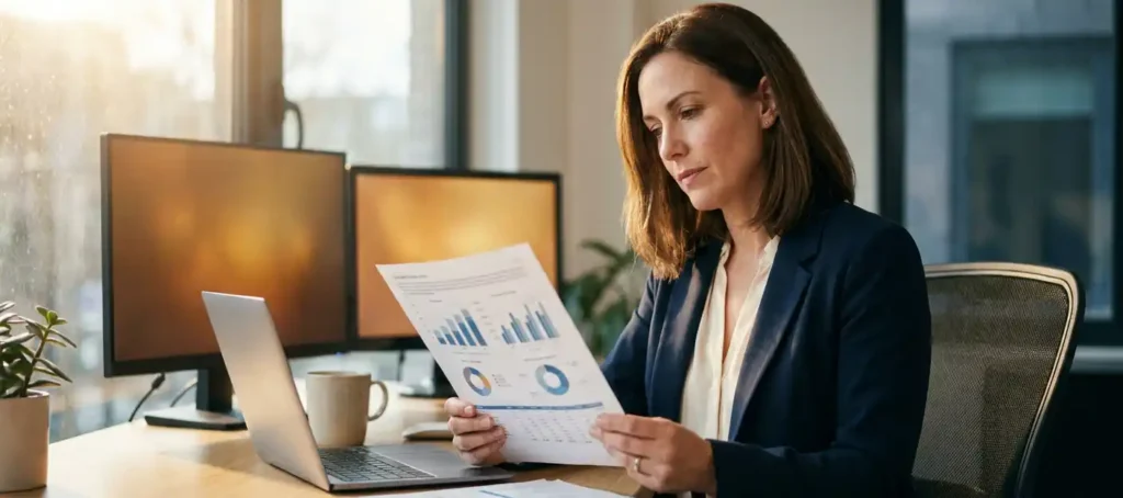 A businesswoman in casual office attire is studying a printed dashboard report at a modern desk, with charts and statistics visible.